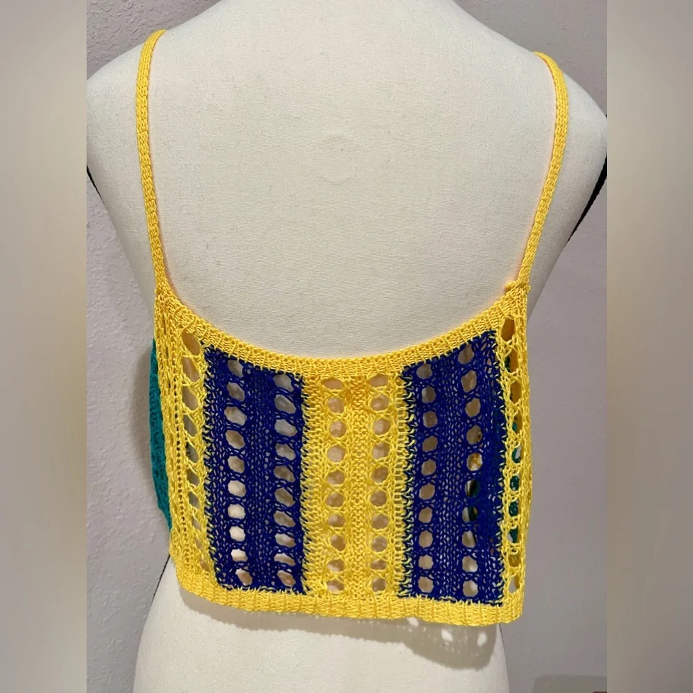 SHEIN Colorblock Knit Lace-up Front Crochet Cover Up SZ XL Yellow Blue Crop Top - Picture 5 of 7